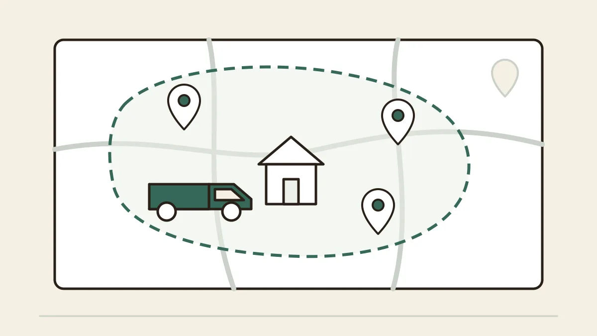 地図の上に点線で囲んだ範囲があり、その中を作業用の車が走り、拠点の家と行き先のピンが並んでいる
