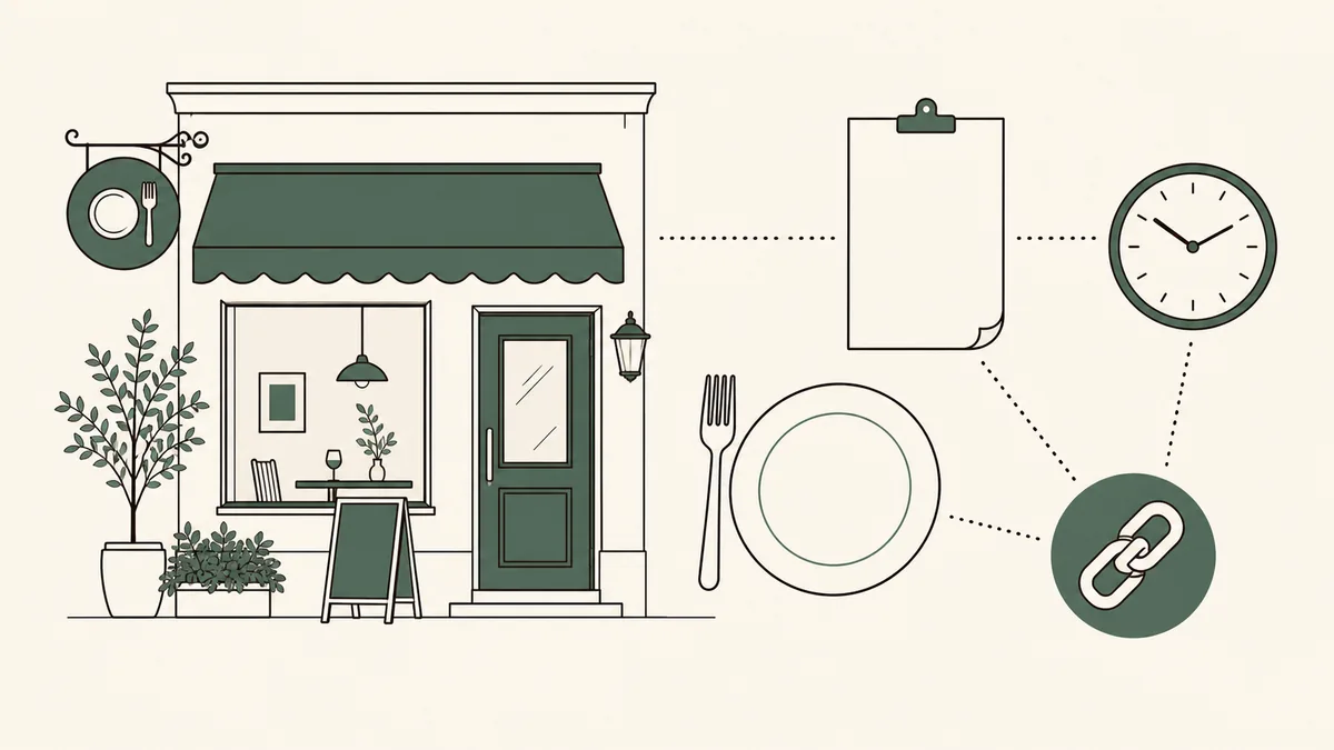 飲食店の店先にメニュー、時計、予約先へのつながりが並ぶ