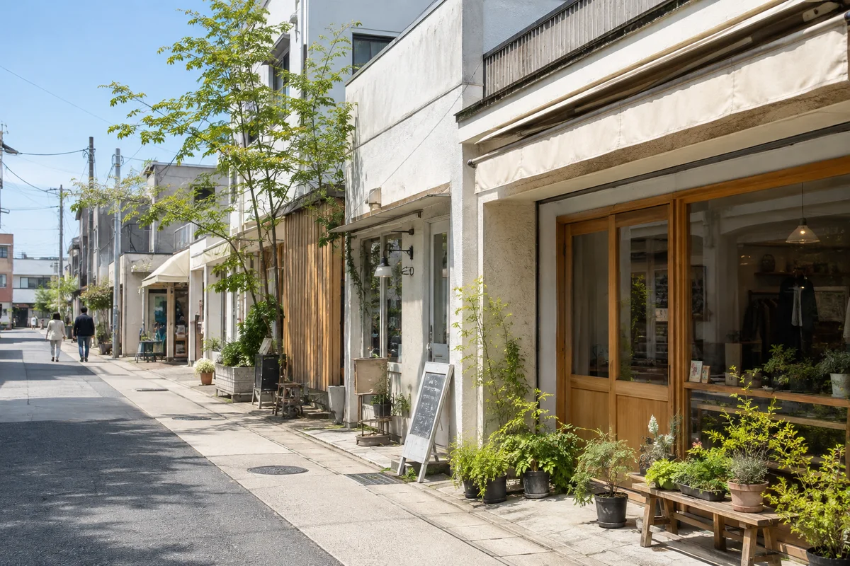 日差しの中、小さなお店が並ぶ地域の通りのイメージ